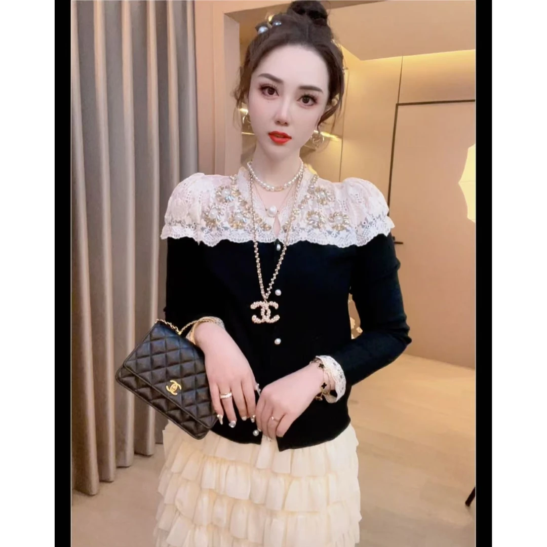 【白桃乌龙】重工钉珠拼接蕾丝轻奢百搭显瘦针织开衫上衣