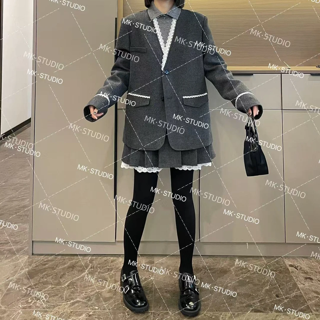 米可/MK-1406【拼蕾丝西装呢子羽绒套装】时尚休闲冬季新款两件套