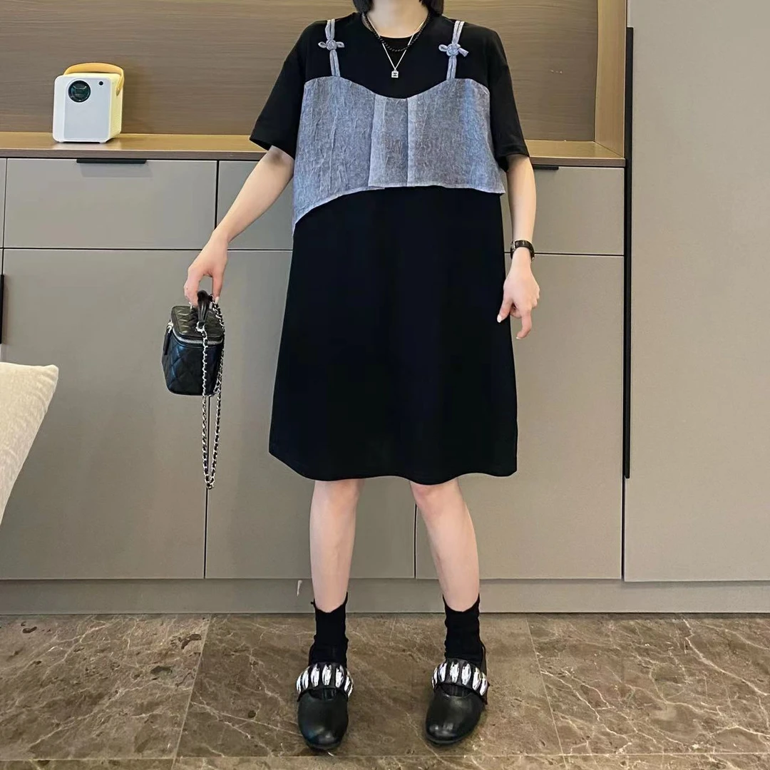 米可/MK-88-STUDIO【法式假两件】夏季不规则吊带拼接短袖T恤连衣裙