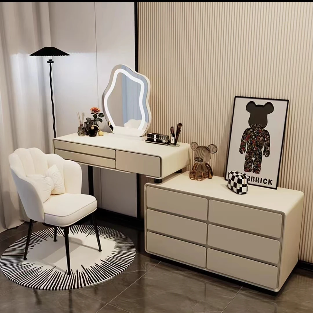 奶油风实木梳妆台卧室家用斗柜一体2024新款简约岩板化妆桌收纳柜