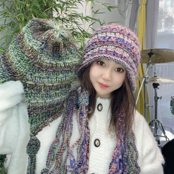 冬季新款手工七彩流苏毛线包头帽针织时尚百搭护耳保暖民族风女款
