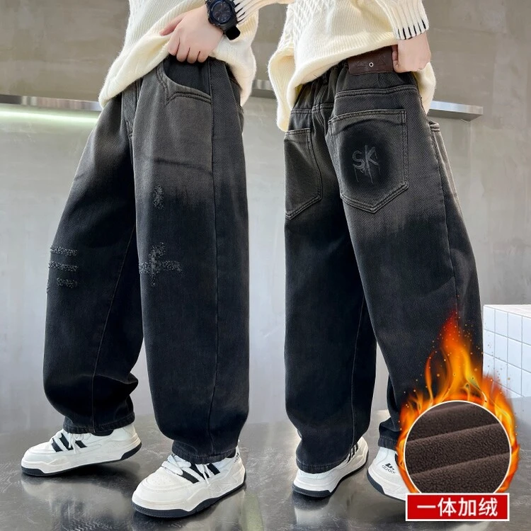 HKZN高级感~儿童装男童冬季加绒裤子2024新款中大童秋冬款男孩加