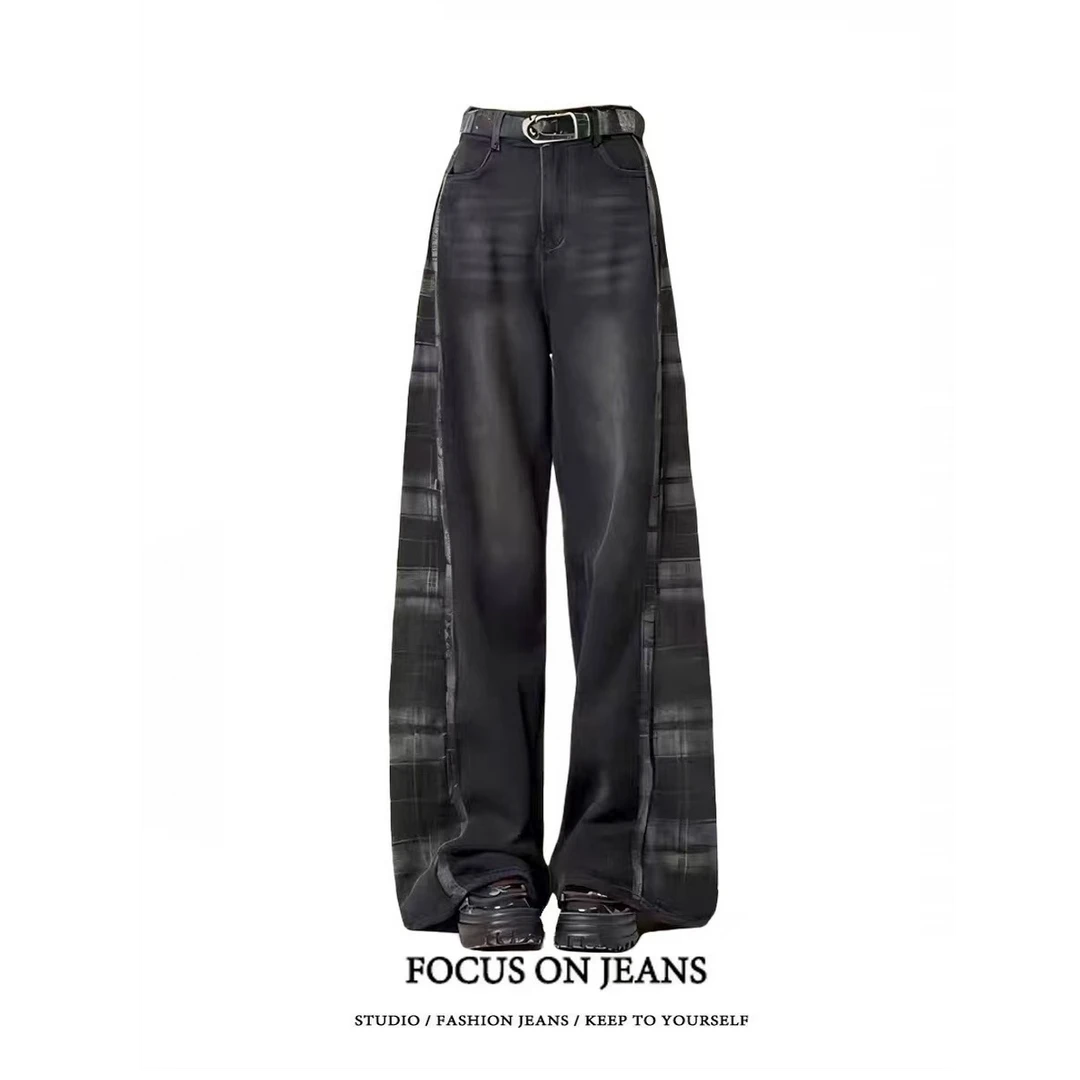 美式复古格纹撞色拼接牛仔裤女2025春季新款高腰宽松垂感阔腿裤子