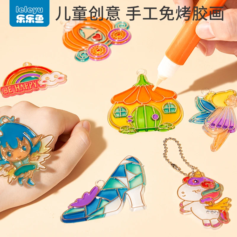 儿童免烤胶画创意手工diy水晶胶画颜料涂色画女孩画画玩具