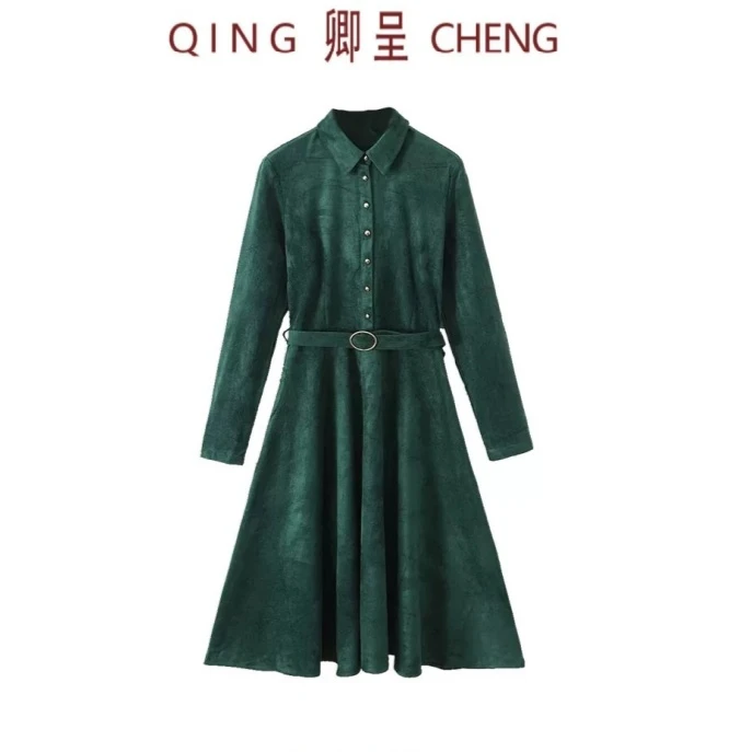 【秋实专属】Y1316秋装新款麂皮绒长袖连衣裙绿色衬衫领水洗弹力