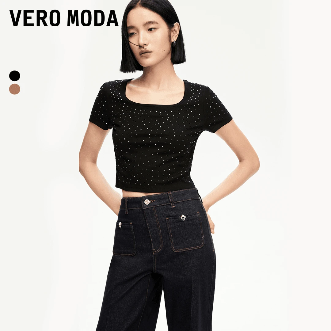 Vero Moda雅丹风T恤女修身短款U领满钻辣妹风百搭高级感324301026