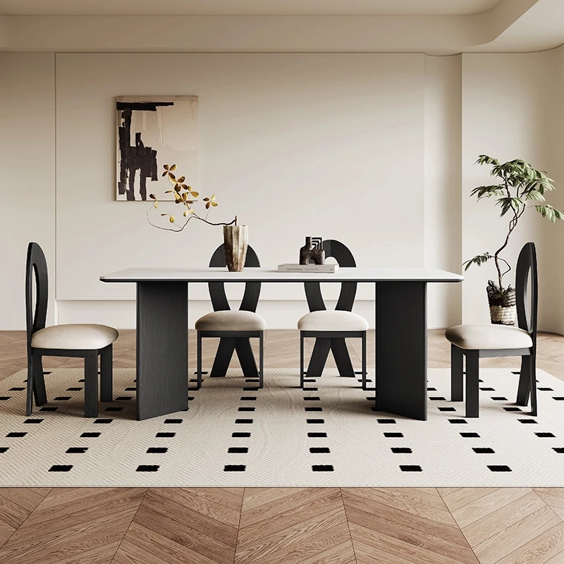 黑色实木餐桌长方形现代简约设计师2024新款复古哑光纯白岩板餐桌