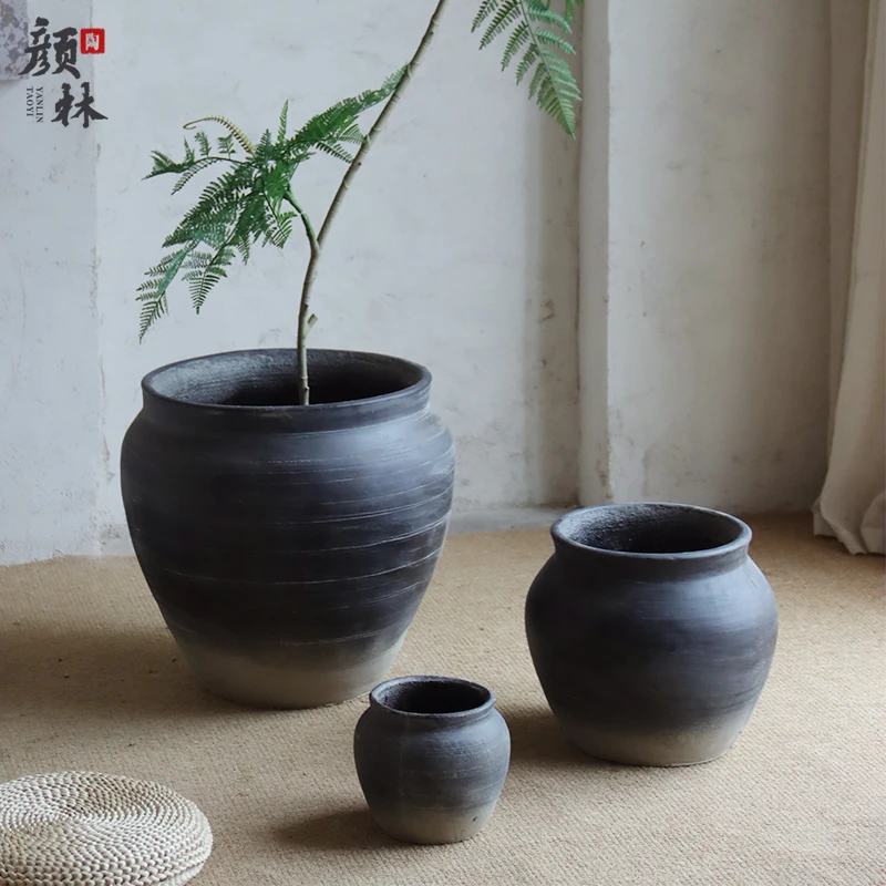 渐变黑水泥花盆落地大肚复古花盆龙舌兰蓝楹花室内客厅绿植盆