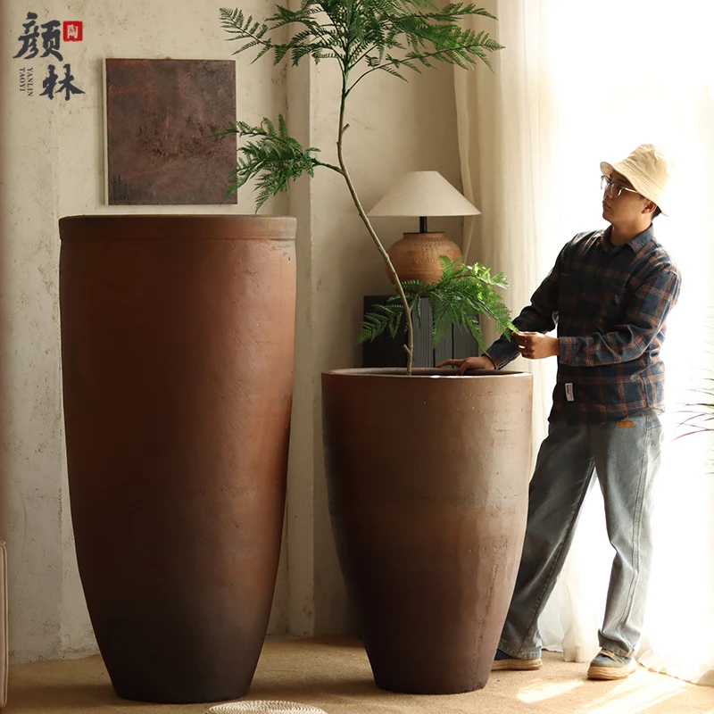 复古超大落地陶缸粗陶大罐1.5米高筒大盆大型商场酒店大堂装饰摆