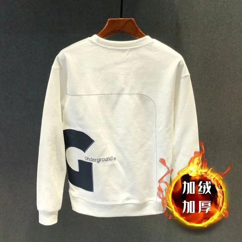 爆款2023秋冬卫衣男款修身圆领长袖白色上衣套头百搭休闲印花