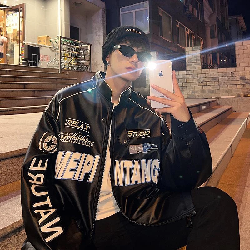 棒球服pu皮衣外套男秋冬机车服潮牌加厚复古飞行员夹克冬季外套