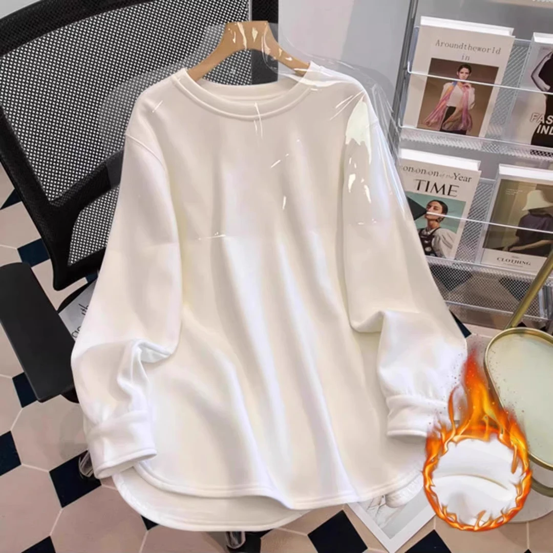 2025年新款德绒加厚磨毛T恤女秋冬内搭宽松中长款长袖上衣打底衫