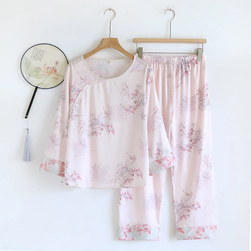 【锦喜高定】新中式高定款柔光软丝家居服睡衣八分袖八分裤套装