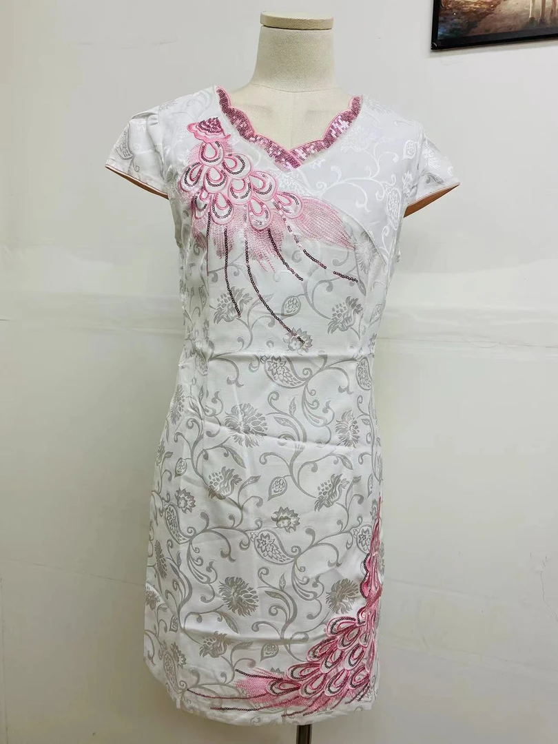 女夏款提花亮片白色拼粉色连衣裙