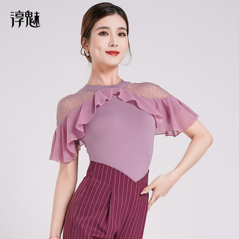 摩登舞服女夏季圆领拉丁舞练功服荷叶边短袖跳舞上衣M1062