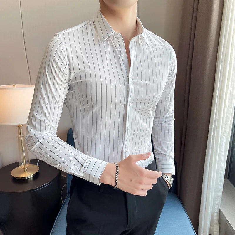 秋季竖条纹衬衫男长袖韩版男装商务休闲打底衬衣修身潮流帅气寸衫