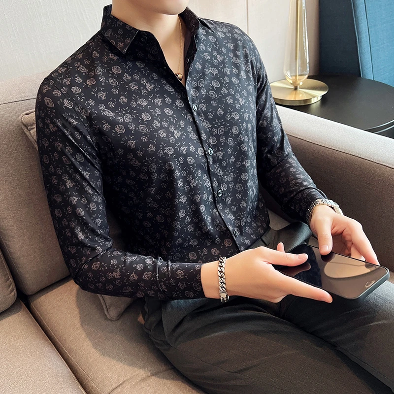 玫瑰花长袖衬衫男痞帅秋季高级感休闲复古衬衣英伦雅痞修身寸衫潮