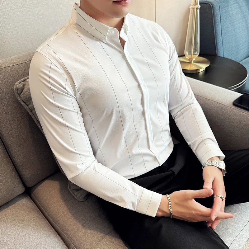 条纹纯色长袖衬衫男春秋季韩版潮流帅气衬衣修身商务休闲百搭寸衫