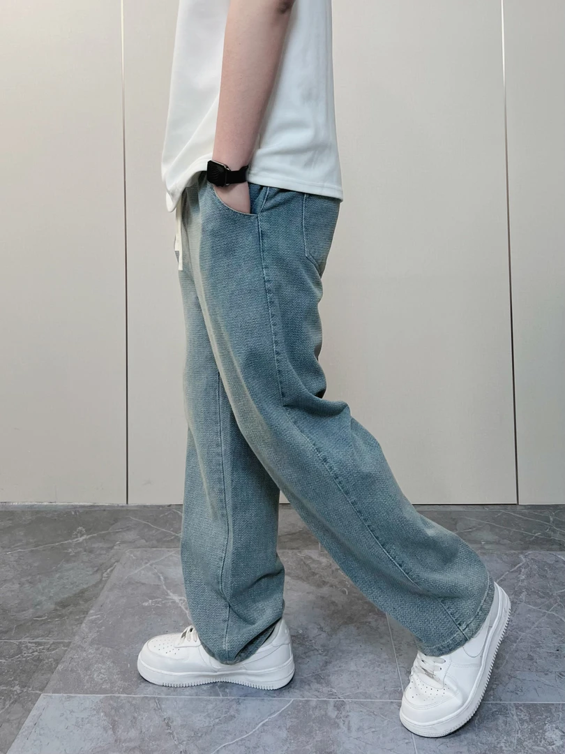 【Lilonz】24年新款春秋水洗休闲大码男士直筒百搭宽松人字纹牛仔裤