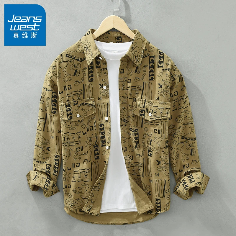 真维斯春秋日系复古工装口袋印花长袖衬衫纯棉时尚潮流宽松衬衣男