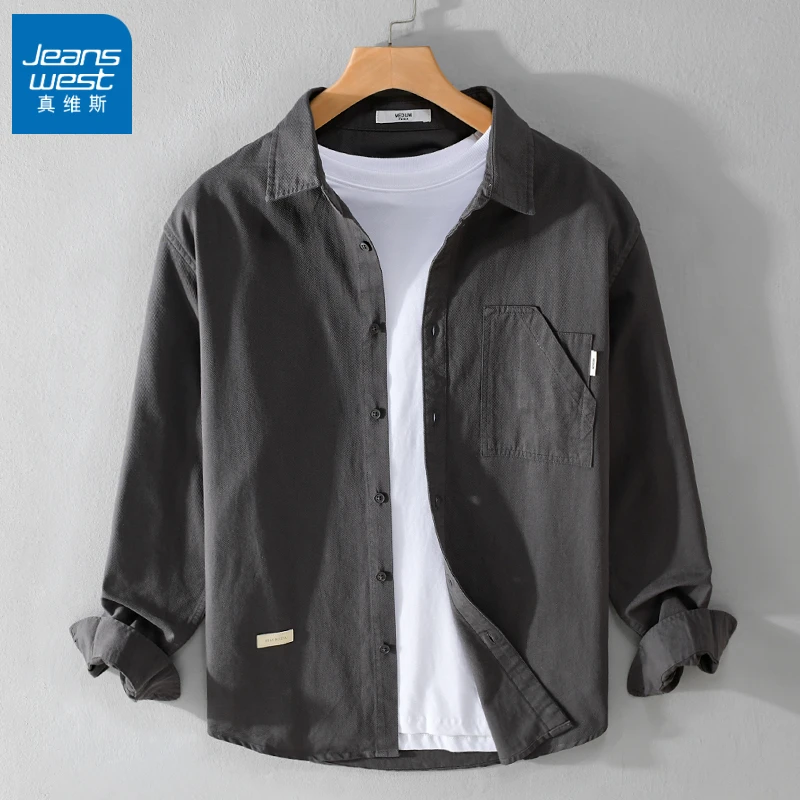 真维斯美式复古工装衬衫男士秋装新款设计感纯棉休闲长袖衬衣外套