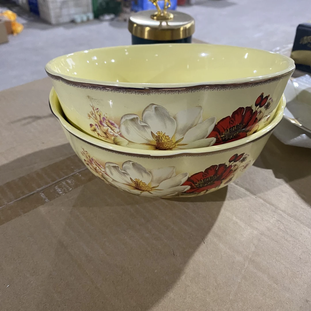 7.25寸（2个包邮）象牙黄山茶花喷金陶瓷沙拉碗 面碗 大汤碗