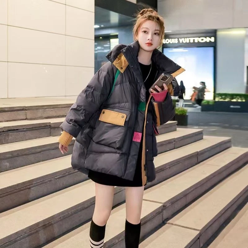新款羽绒服羽绒服女2023年冬季新款拼色宽松中长款小众设计感加