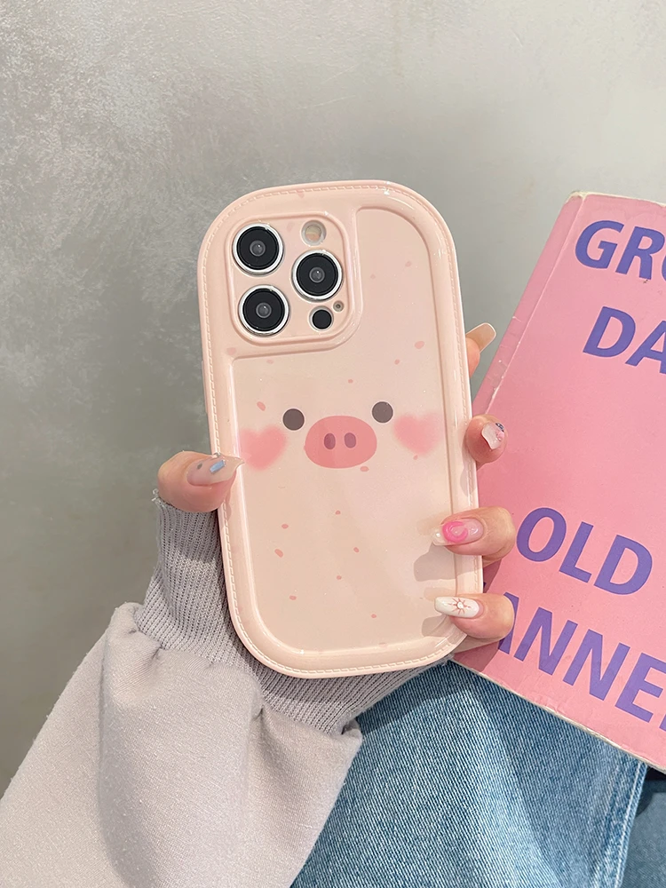 卡通可爱粉色泼墨小猪iPhone15Promax苹果14手机壳超火13防摔12软