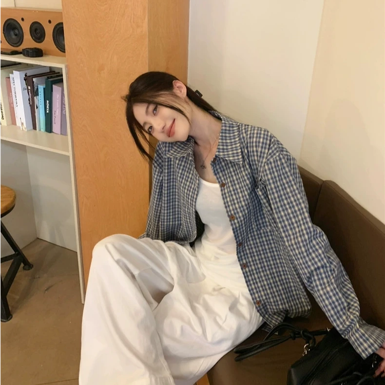 复古港风显白灰蓝格polo衬衫宽松早秋衬衣外套百搭港味早春