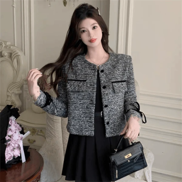 【巴韩】玲姐家6655时尚小香风轻奢名媛拼接蝴蝶结韩版短款外套