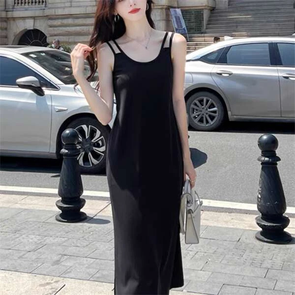 【巴韩】玲姐家033时尚百搭黑色无袖背心显瘦内搭打底吊带裙连衣裙