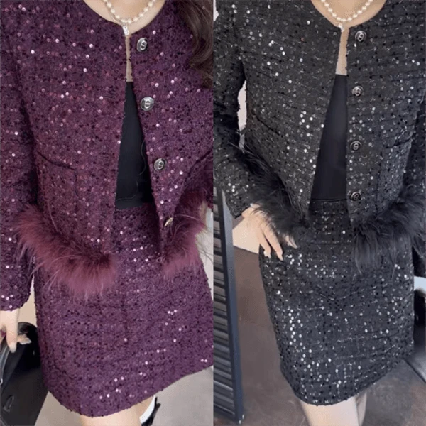 【巴韩】玲姐家8537时尚百搭百韩版小香风短外套＋半身裙两件套装