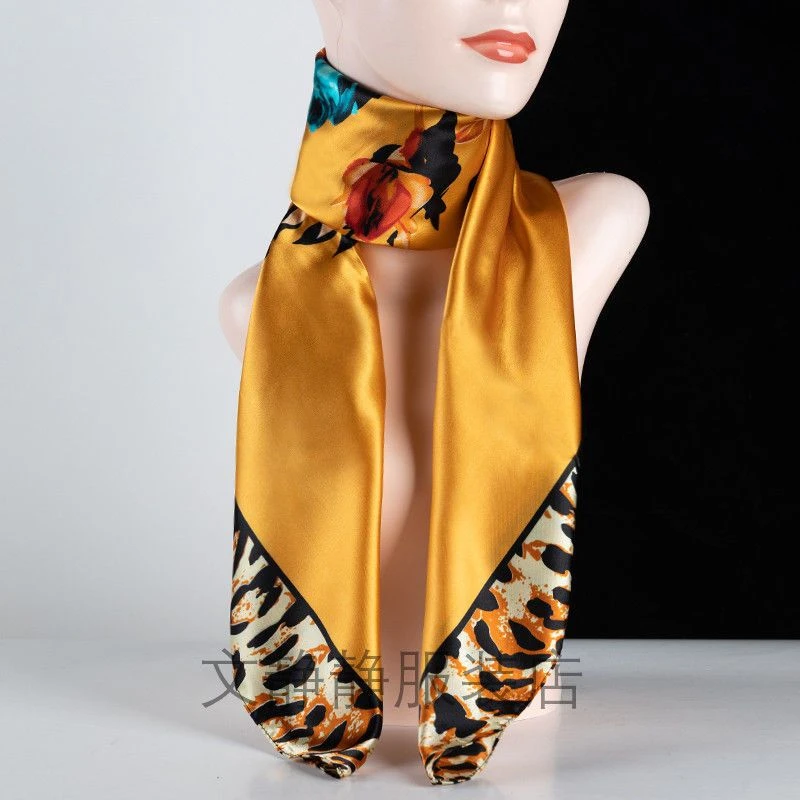 90cm气质丝巾新款百搭护颈防晒豹纹印花四方纱巾高档新款装饰方巾