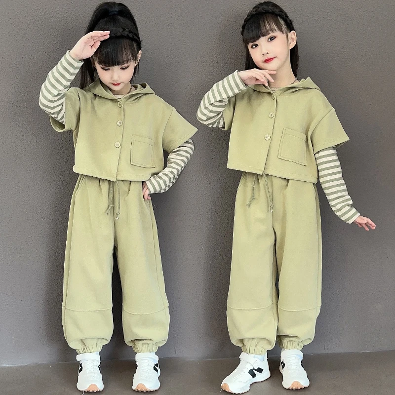 【休闲万年条】女童秋装时髦衣服2024新款网红春秋儿童洋气条纹套装