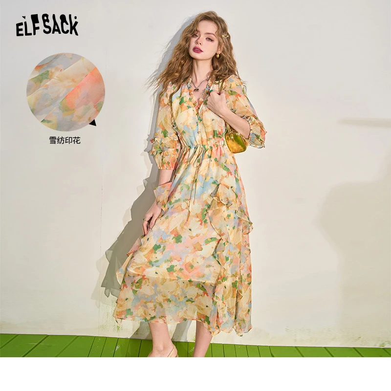 【妖精的口袋】温柔黄昏 法式v领收腰碎花连衣裙女2024夏显瘦度假风