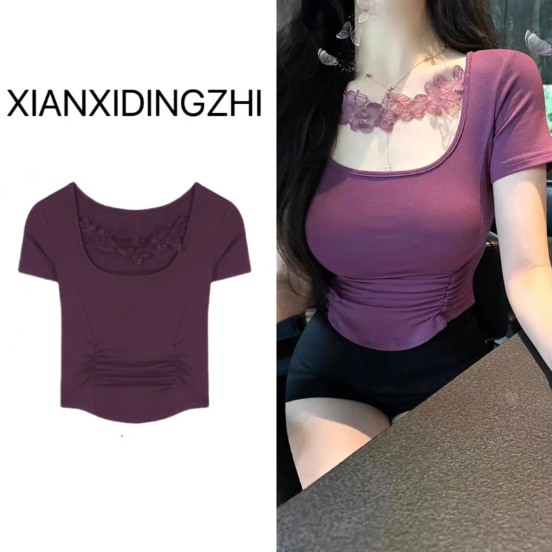 纯欲风辣妹紫色蕾丝花边正肩短袖T恤女夏季新款修身显瘦短款上衣