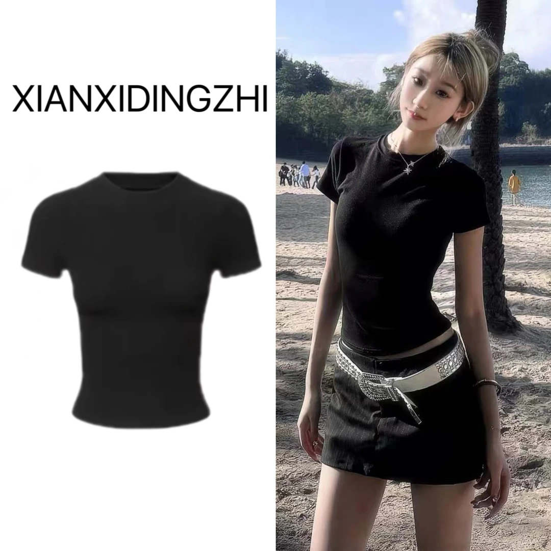 美式舒适百搭圆领修身显瘦收腰短袖t恤女2024夏季新款辣妹上衣ins