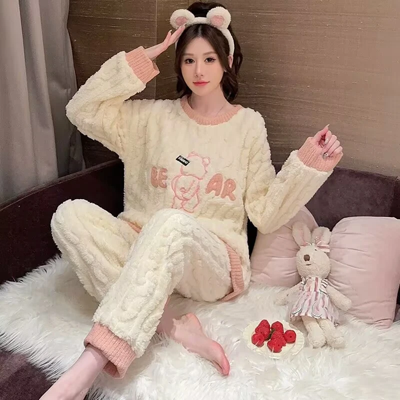 网红小熊睡衣女冬珊瑚绒加厚法兰绒秋冬季学生韩版保暖家居服套装