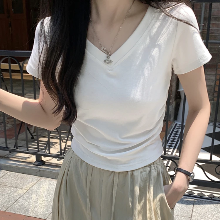 美式复古v领正肩短袖T恤女夏季设计感小众修身紧身高腰短上衣