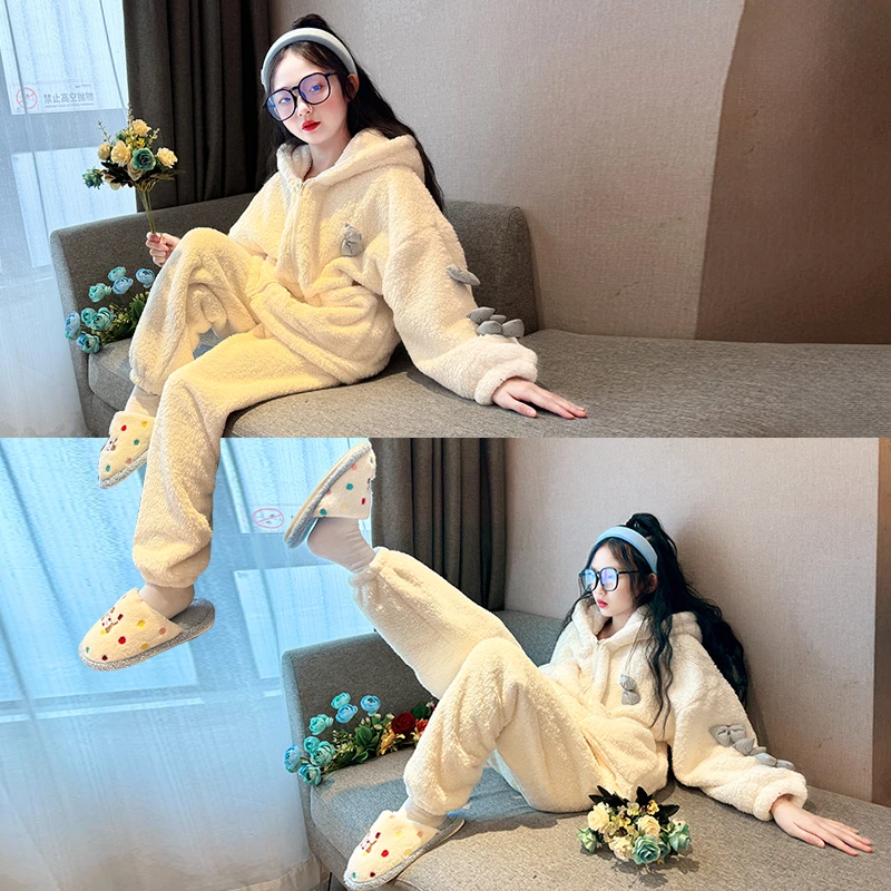 女童法兰绒家居服2024新款女大童珊瑚绒睡衣女孩加绒加厚保暖套装