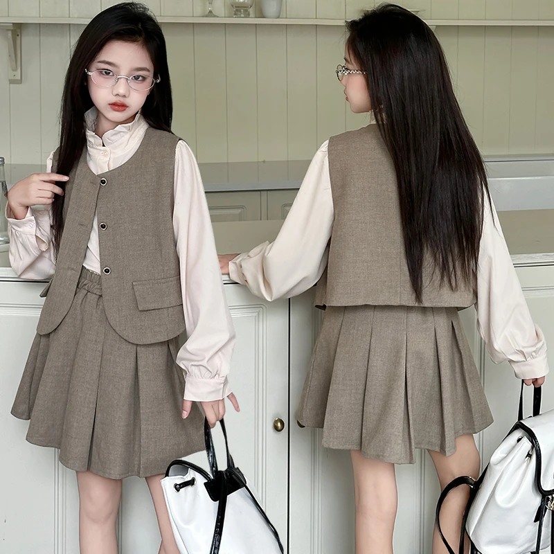 女童秋季套装2024新款6-12岁中大童女孩时尚马甲衬衫百褶裙三件套