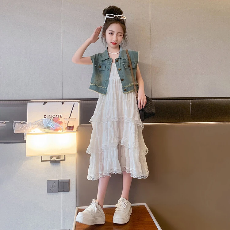 女童夏季套装2024新款中大儿童夏装洋气牛仔马甲吊带连衣裙两件套