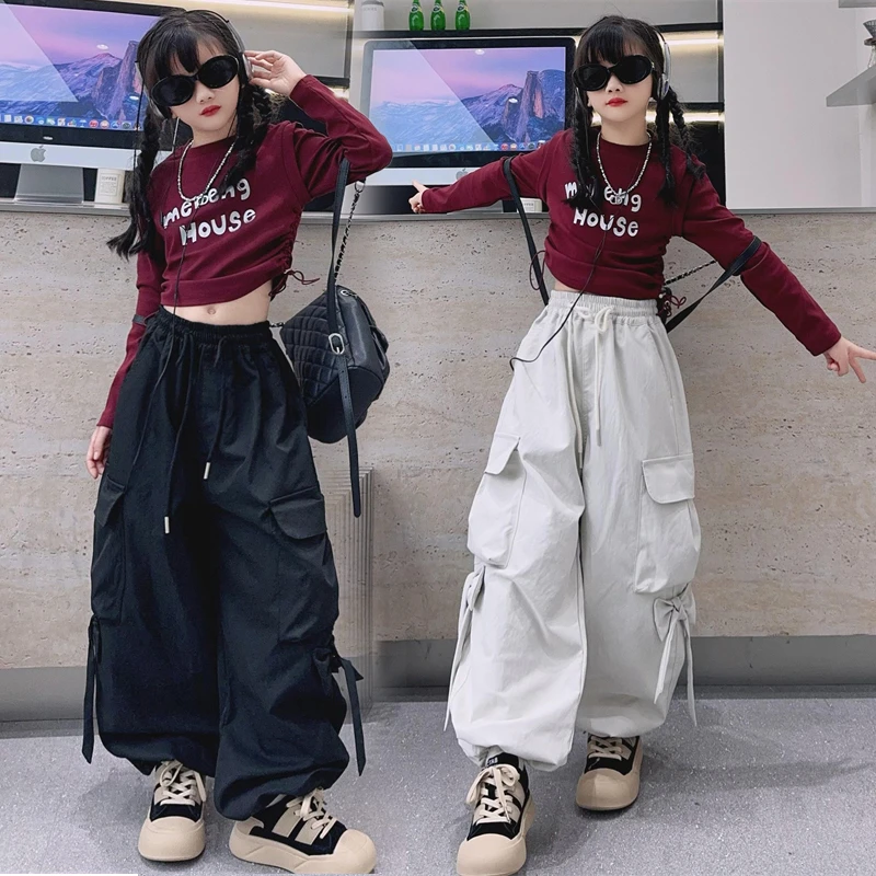 女童工装裤套装春秋2025新款6-12岁潮款中大儿童甜酷蝴蝶结两件套