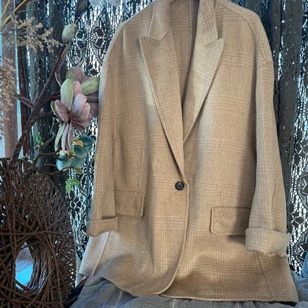 YJ福利（不退换）小众设计款休闲格子廓形西服外套