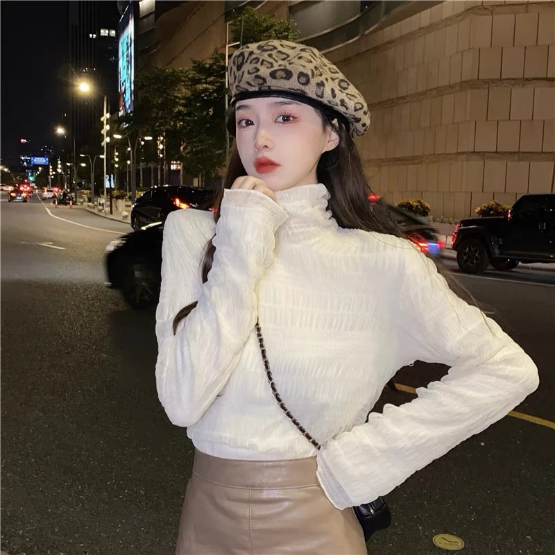 半高领蕾丝打底衫女内搭设计感加绒衬衫秋冬2024新款长袖显瘦T恤