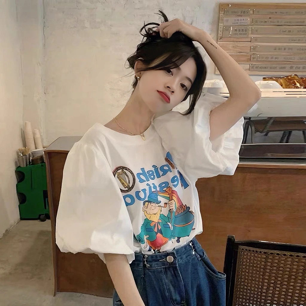 Y127新款白色印花短袖T恤女2023夏宽松韩风泡泡袖上衣设计感小众