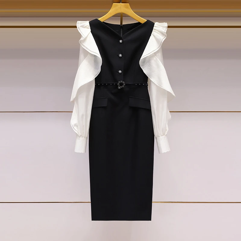 洋气荷叶袖连衣裙女2023年早秋新款法式优雅V领气质收腰显瘦裙子