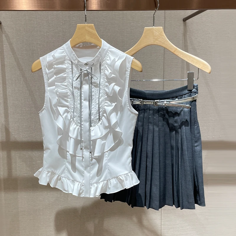 显瘦减龄时髦套装2024夏季新款法式荷叶边无袖衬衫百褶短裙两件套