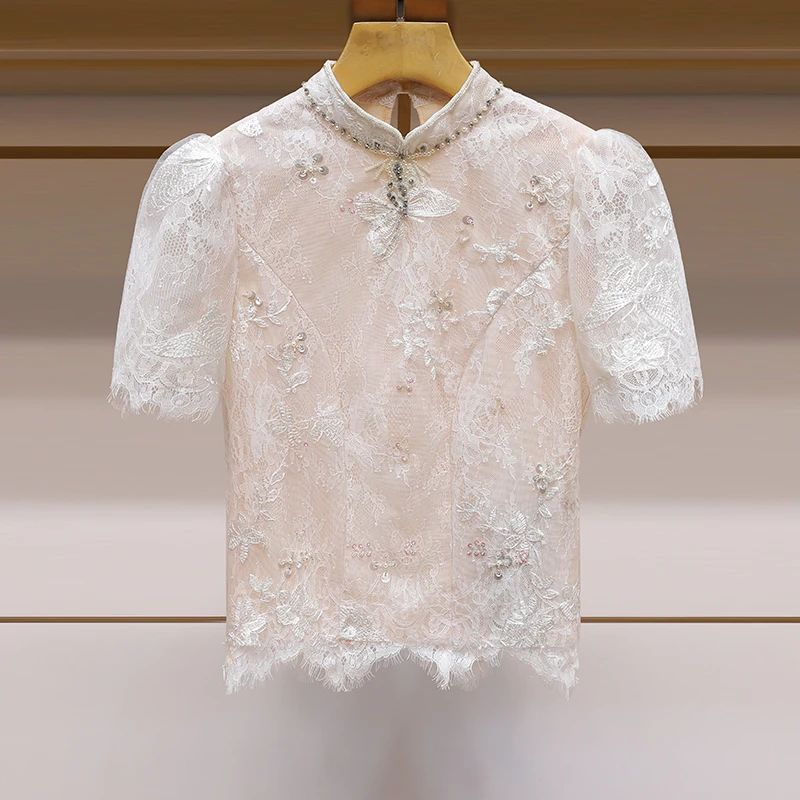 蕾丝上衣高级感2024夏季新款重工钉珠新中式轻国风立领旗袍衬衫女