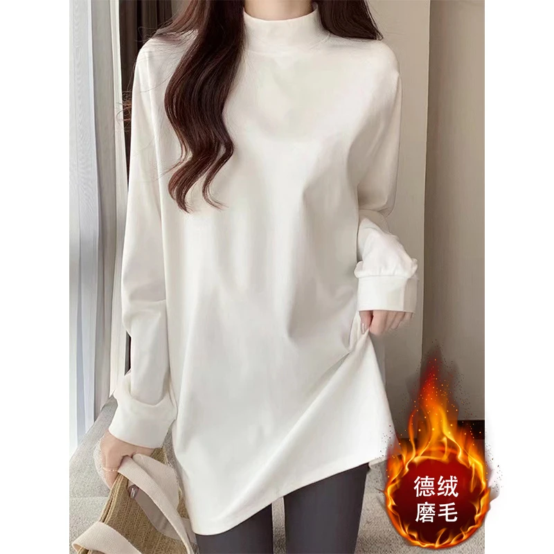 网红爆款女装中长款德绒半高领打底衫秋冬季加绒内搭纯色打底上衣